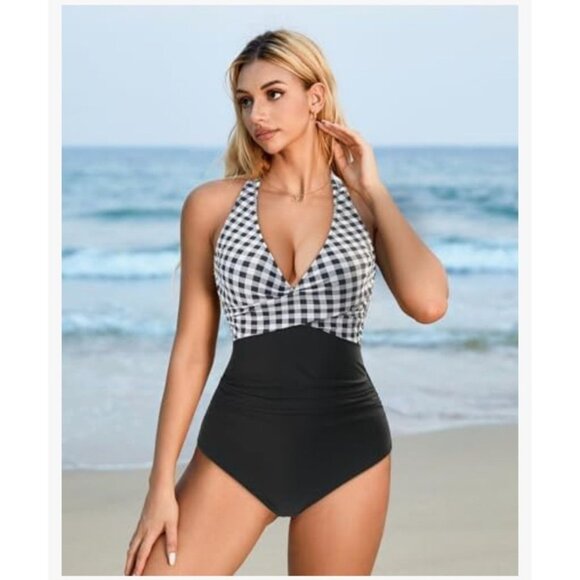 Womens Black & White Gingham Halter One-Piece Swimsuit Tummy Control Size Large - Picture 3 of 9